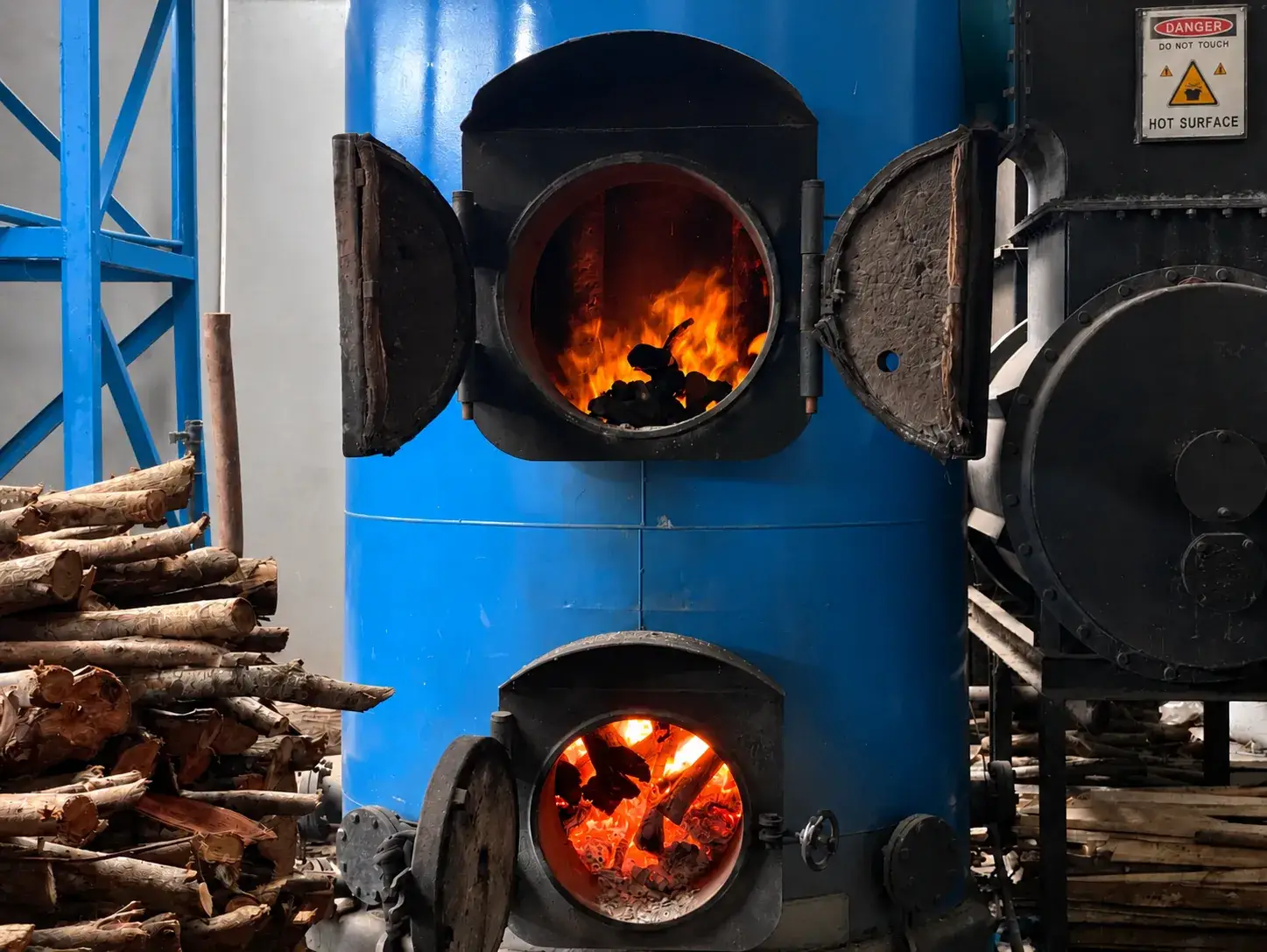 The wood-fired boiler that drives the stills, with cut firewood stacked beside it.