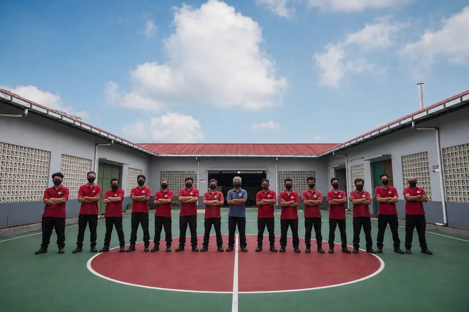 The Teeraz production team standing together in the factory courtyard in West Java.